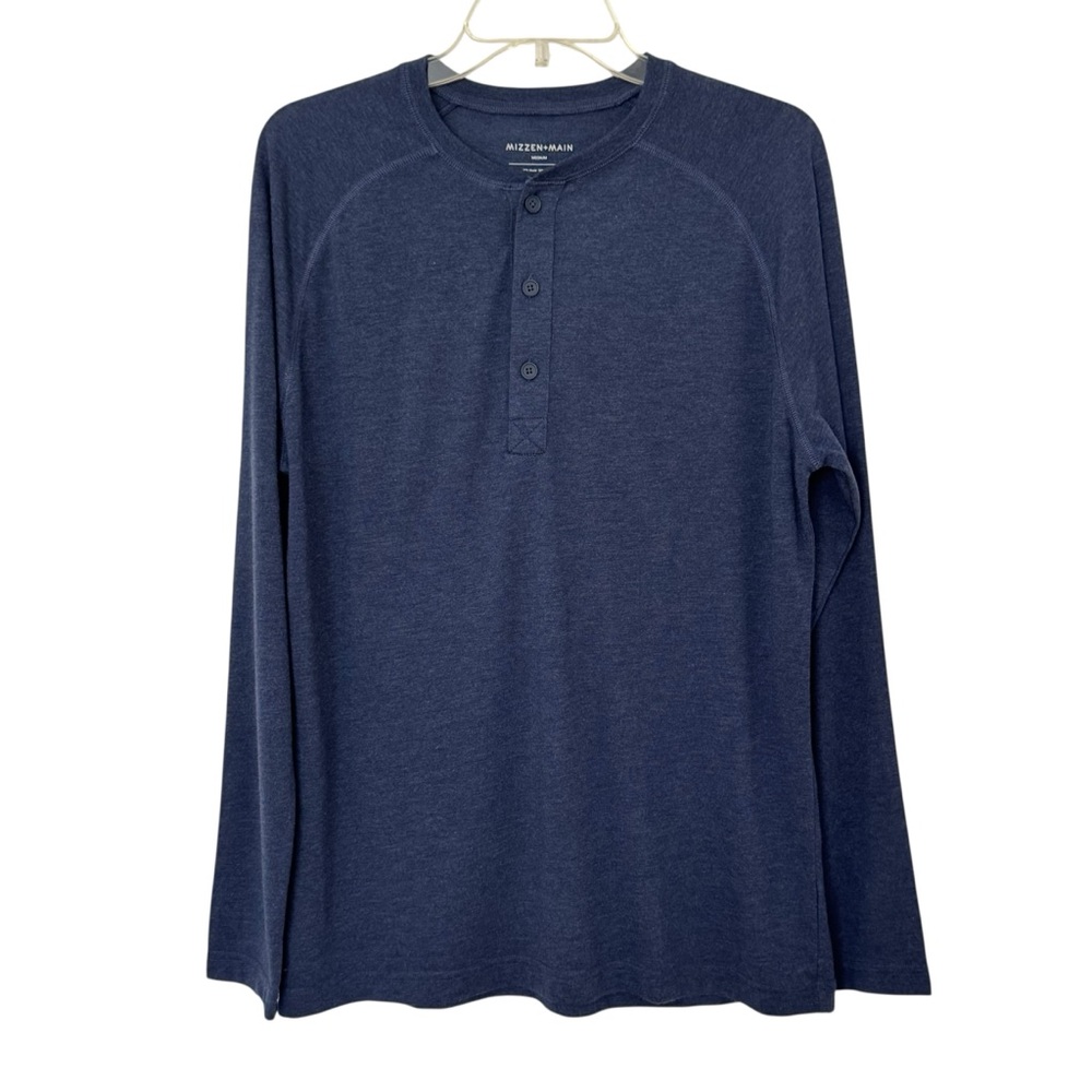 Mizzen+Main Blue Henley Long Sleeves Collarless Pullover Tee Shirt Size M